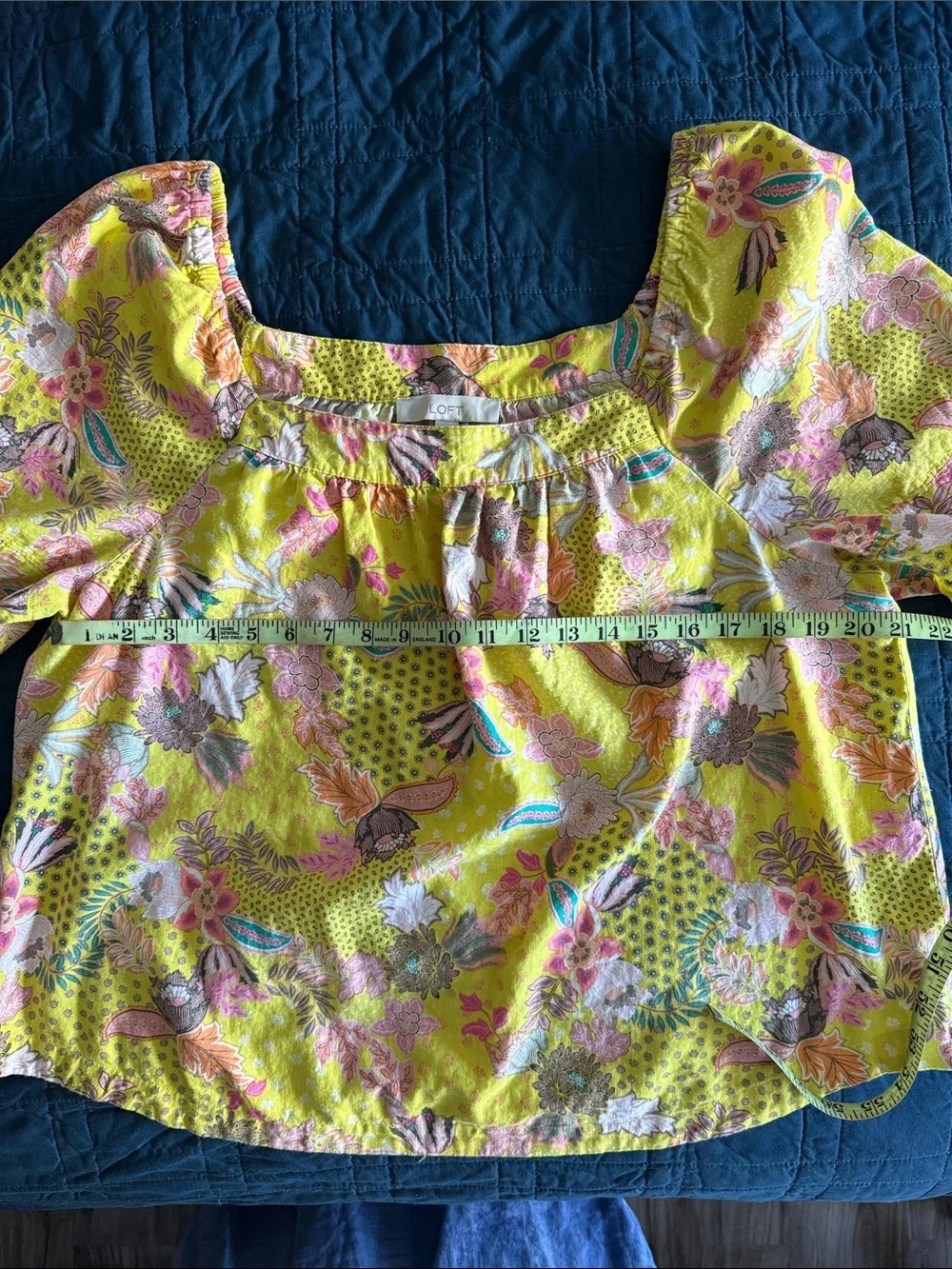 LOFT Yellow Floral Linen Blend Square Neckline Puff Sleeve Tropical Blouse XL